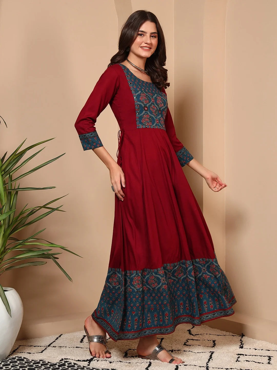 Riwaayat Red Cotton Handwork Maxi Dress