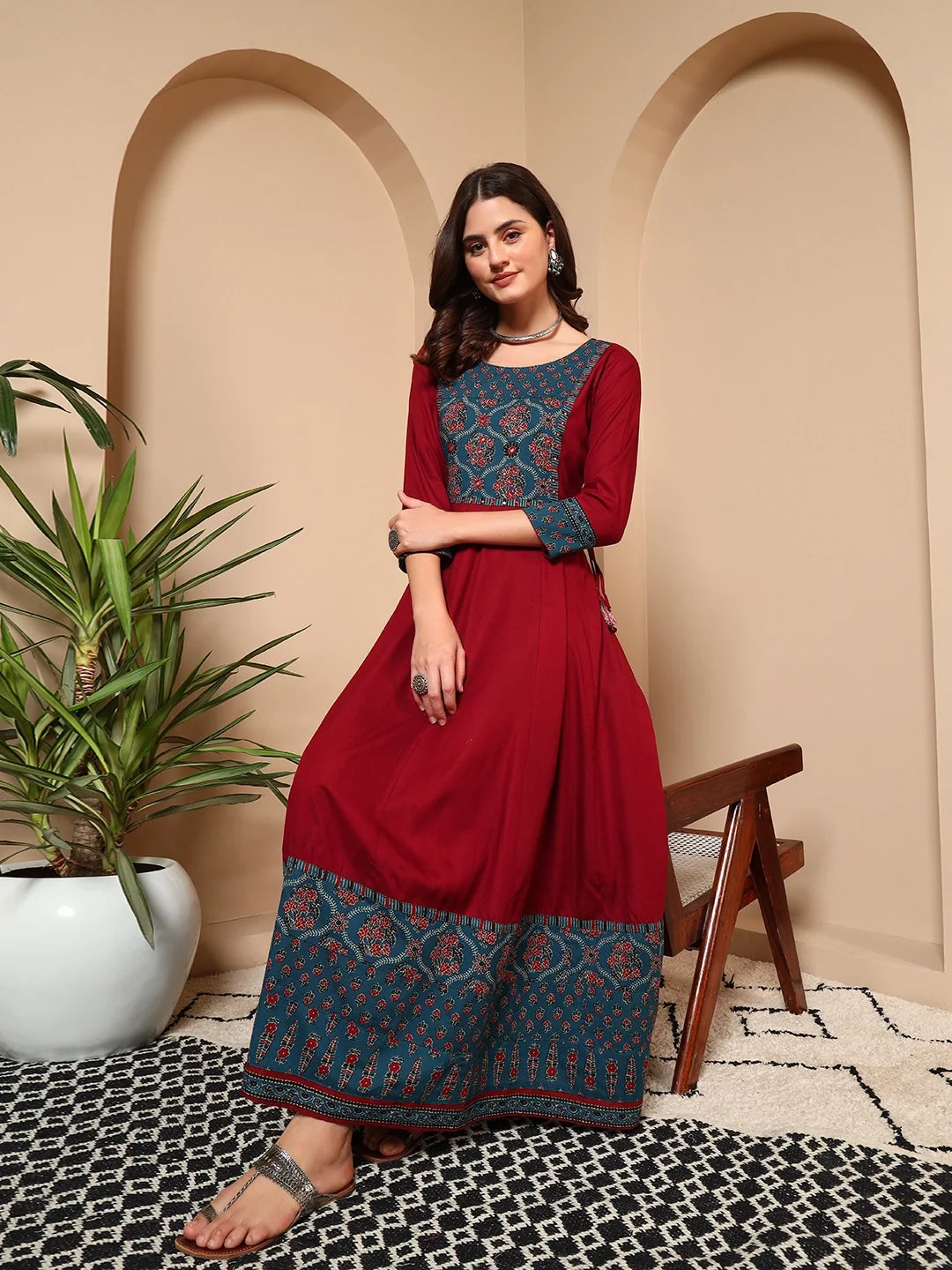 Riwaayat Red Cotton Handwork Maxi Dress