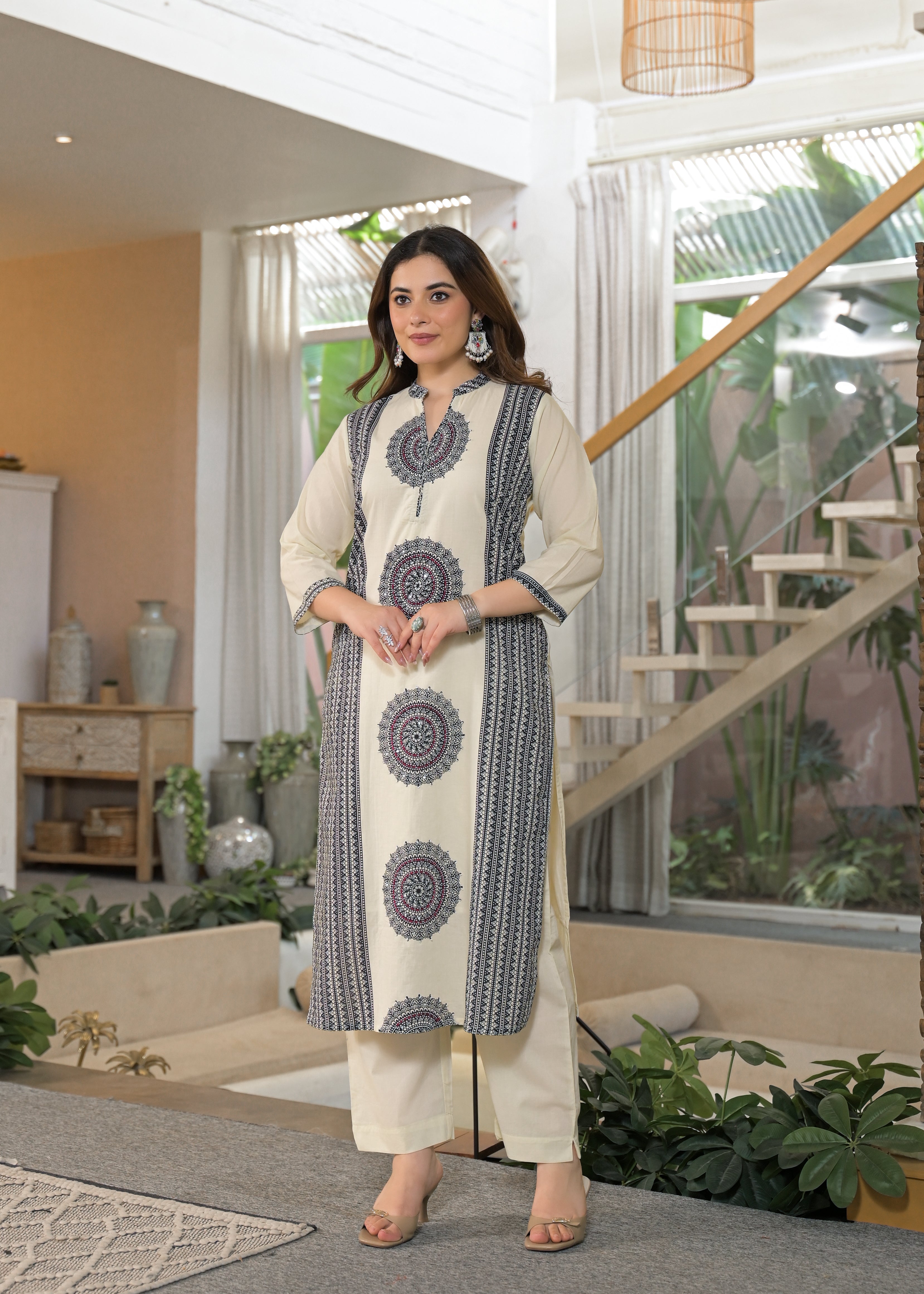 Ivory Mandala Panel Pure Cotton Suit Set with Dupatta