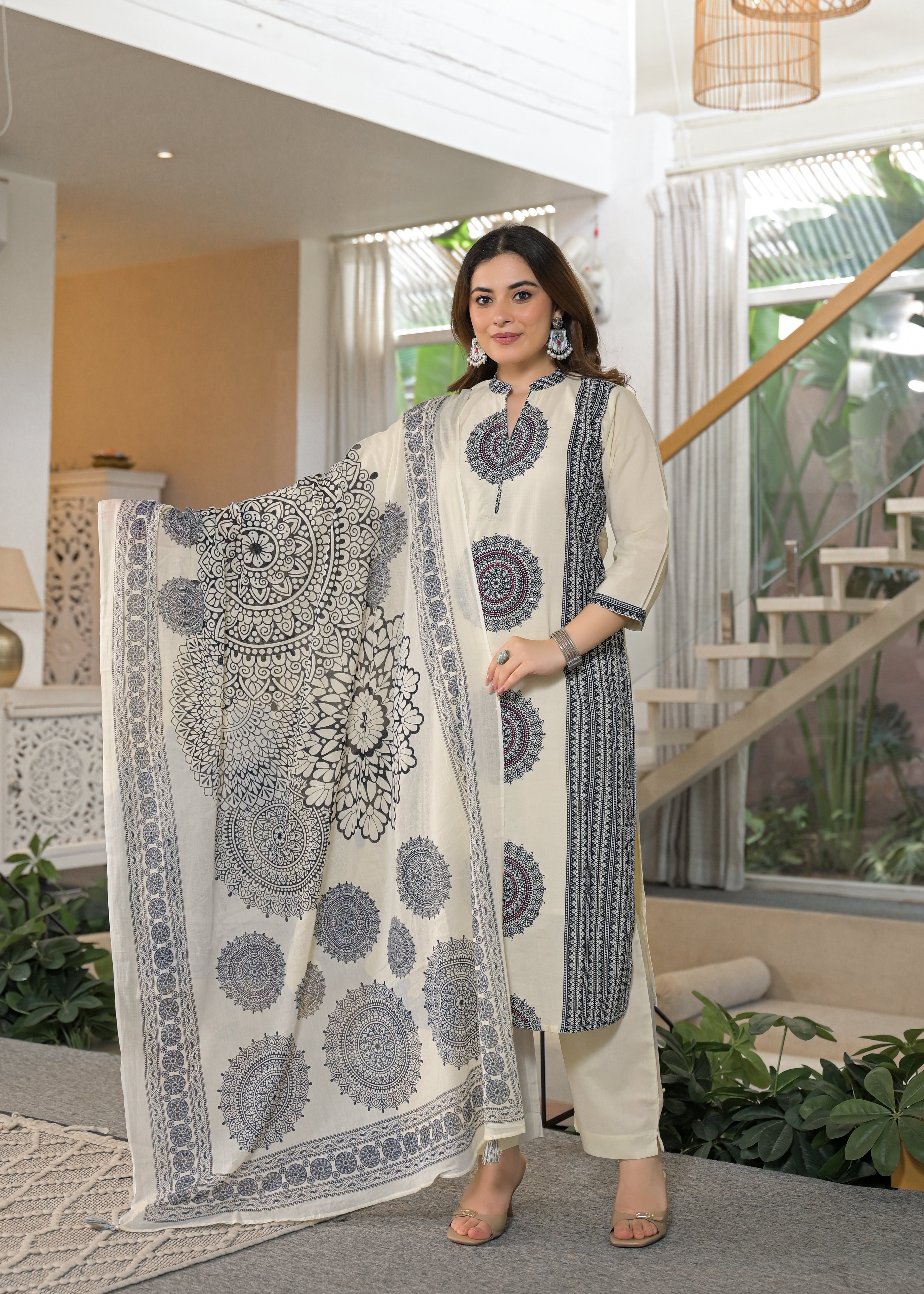 Ivory Mandala Panel Pure Cotton Suit Set with Dupatta