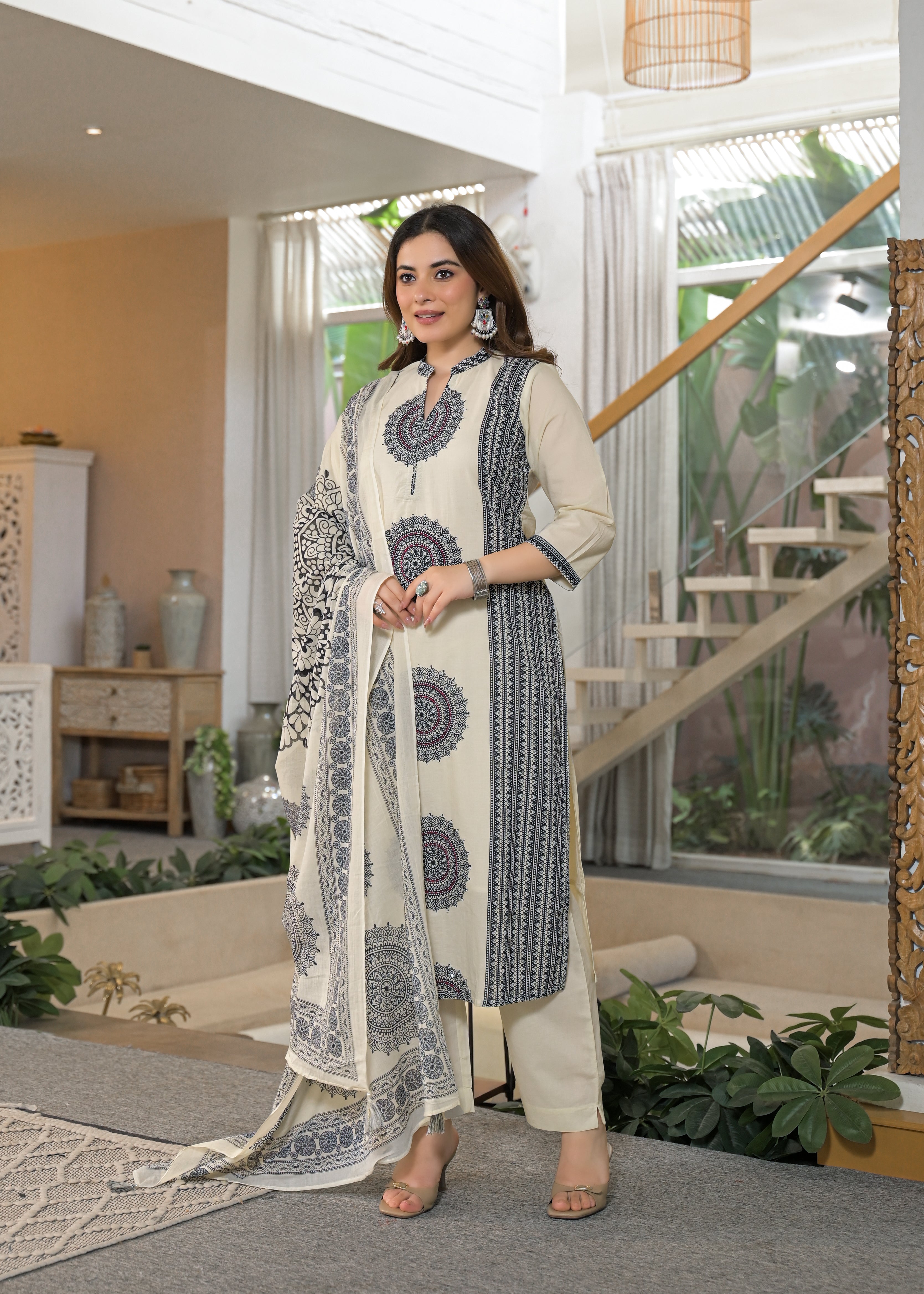 Ivory Mandala Panel Pure Cotton Suit Set with Dupatta