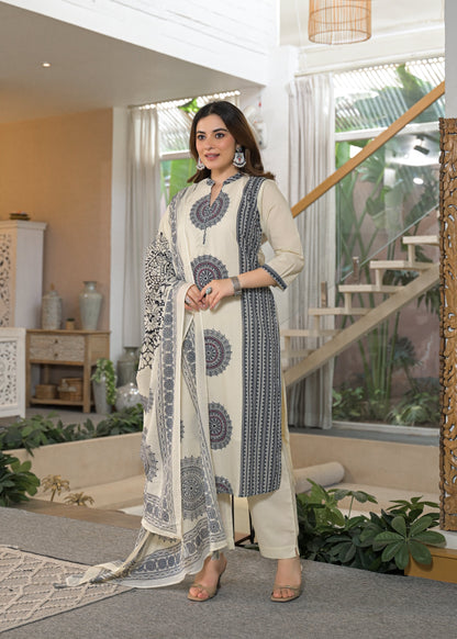 Ivory Mandala Panel Pure Cotton Suit Set with Dupatta