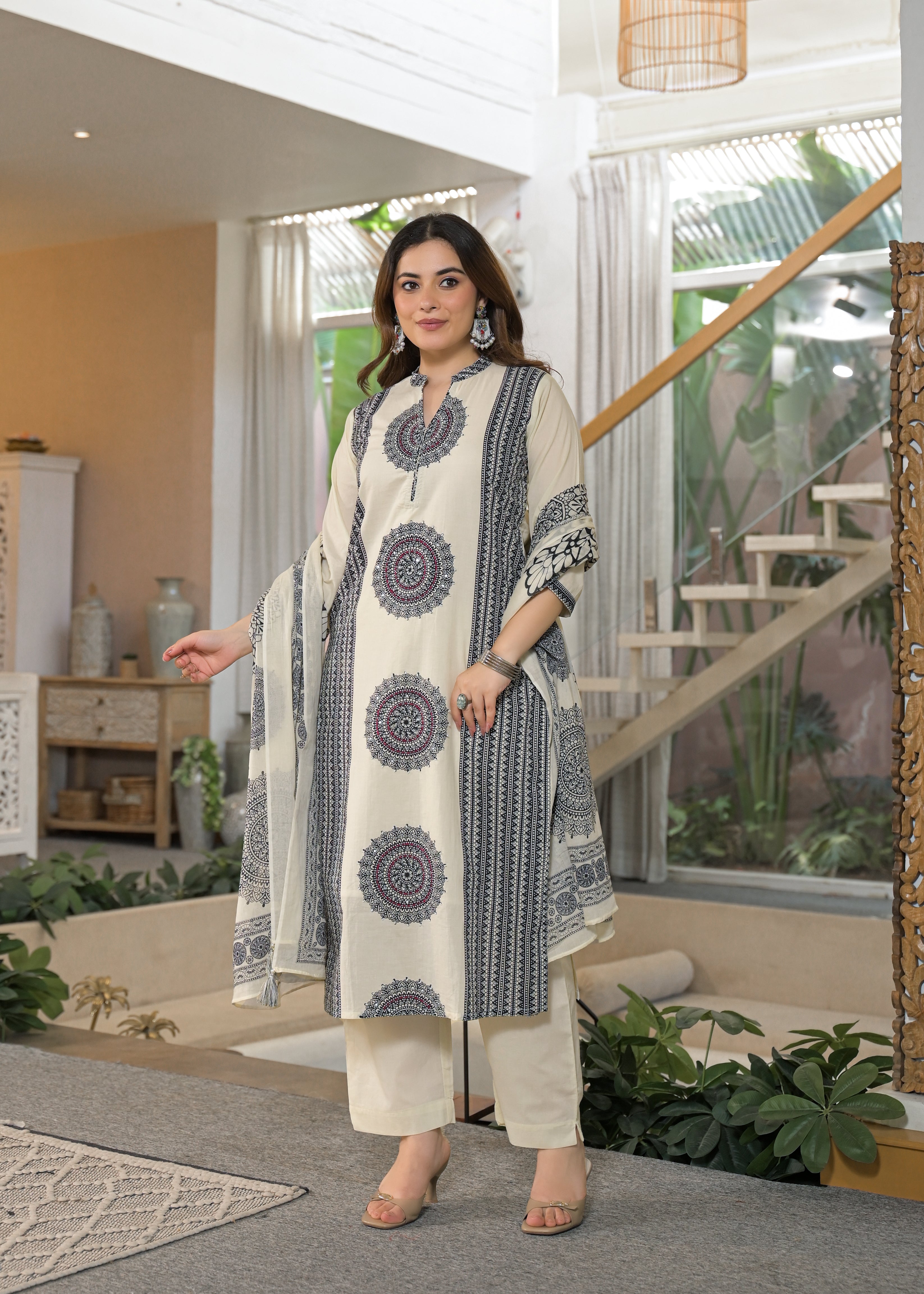 Ivory Mandala Panel Pure Cotton Suit Set with Dupatta