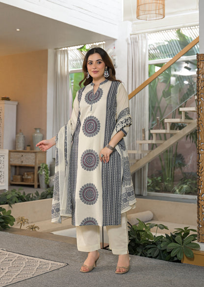 Ivory Mandala Panel Pure Cotton Suit Set with Dupatta