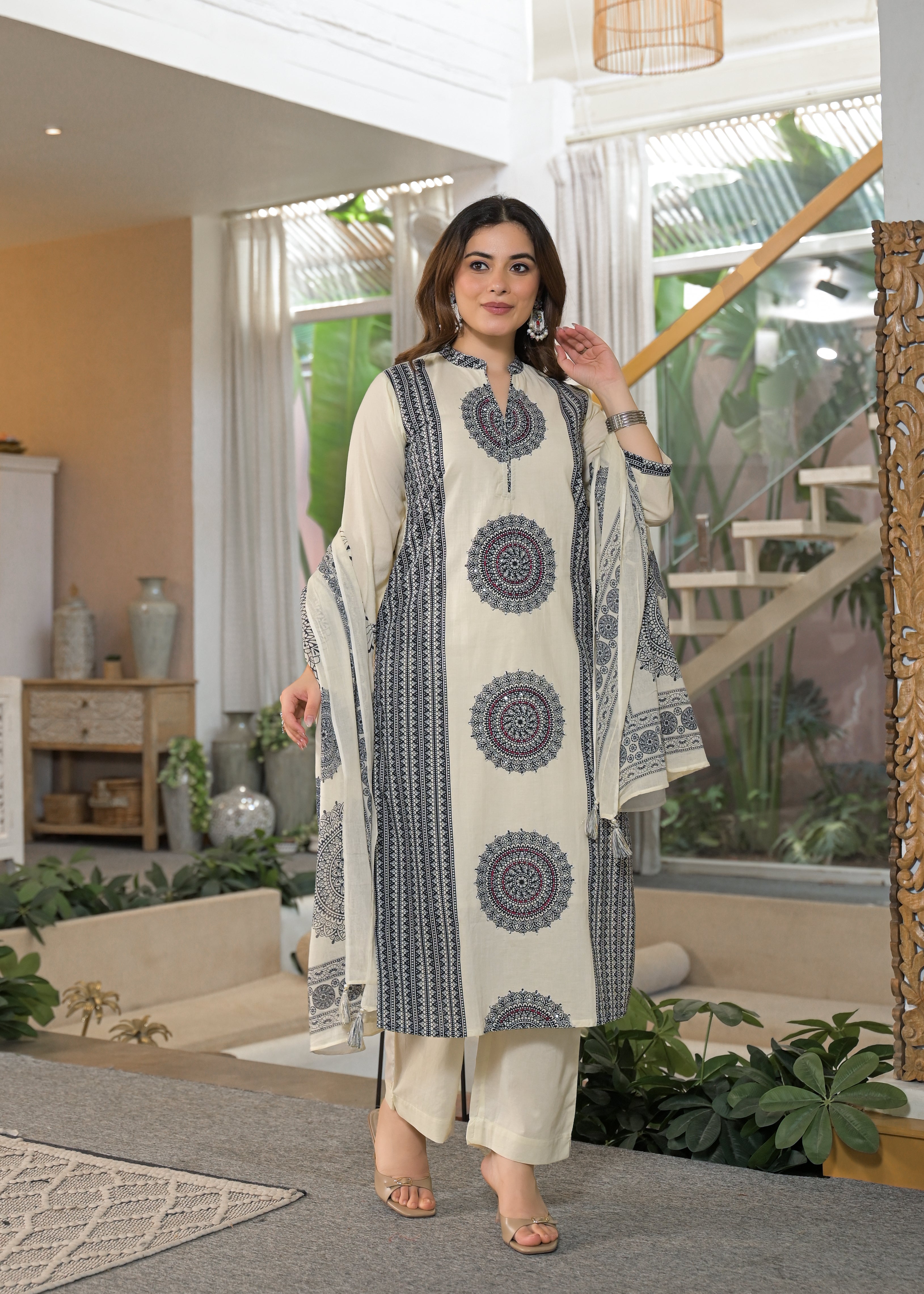 Ivory Mandala Panel Pure Cotton Suit Set with Dupatta