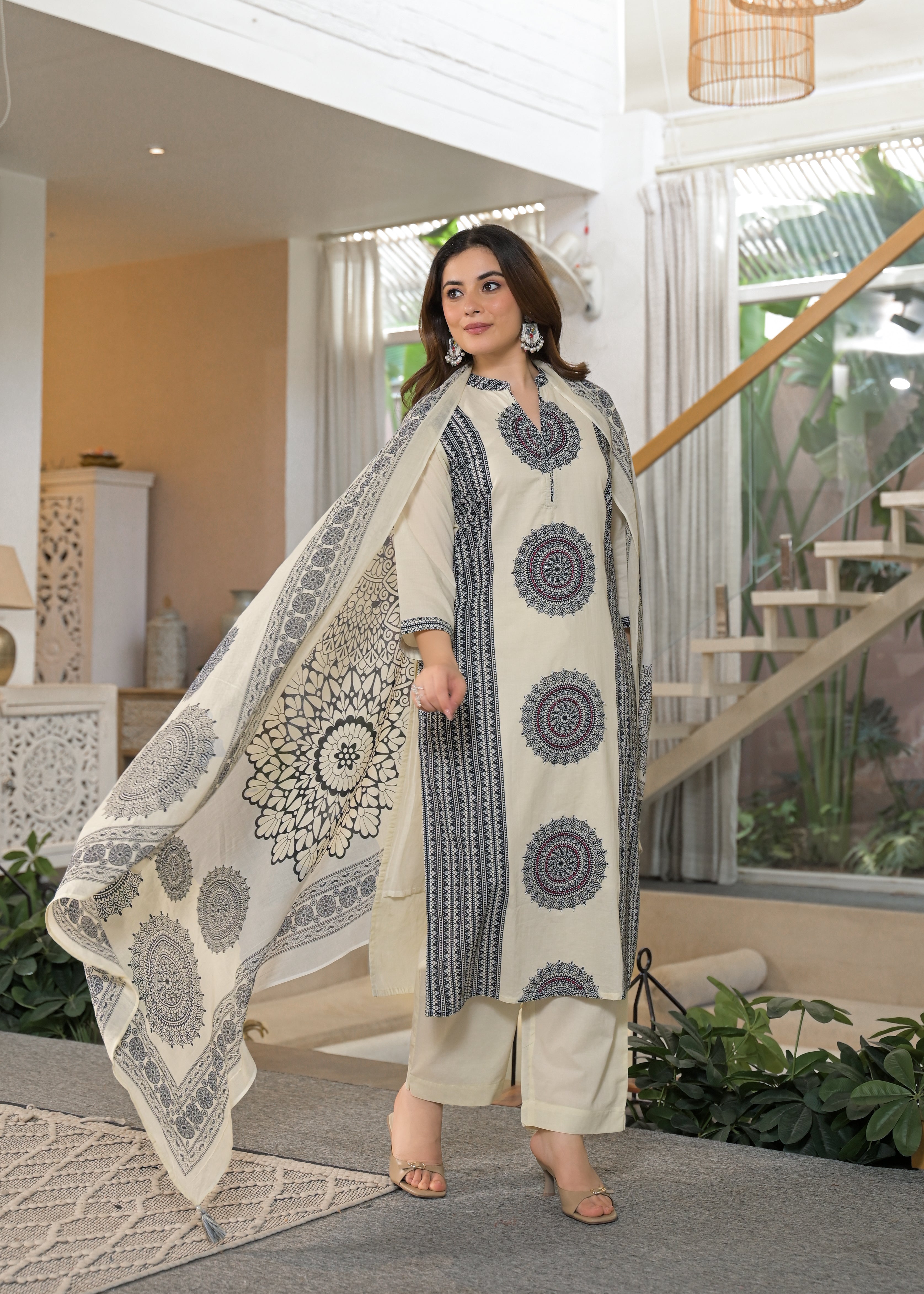 Ivory Mandala Panel Pure Cotton Suit Set with Dupatta