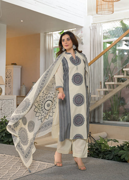 Ivory Mandala Panel Pure Cotton Suit Set with Dupatta