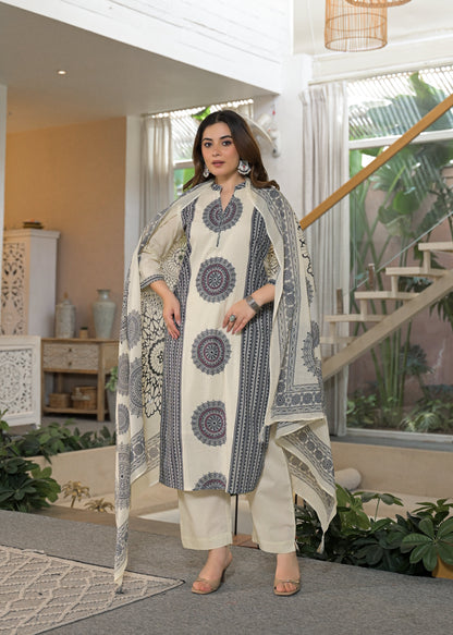 Ivory Mandala Panel Pure Cotton Suit Set with Dupatta