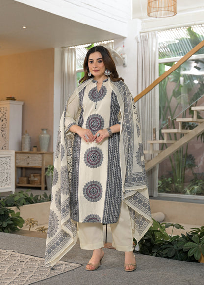 Ivory Mandala Panel Pure Cotton Suit Set with Dupatta