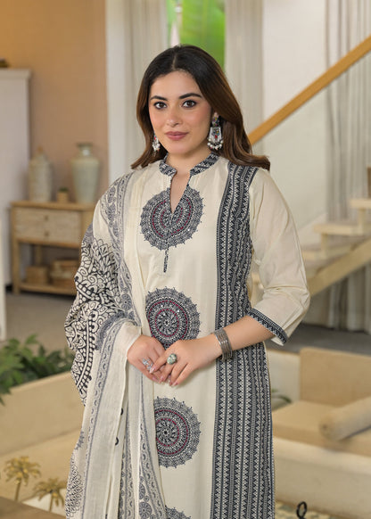 Ivory Mandala Panel Pure Cotton Suit Set with Dupatta