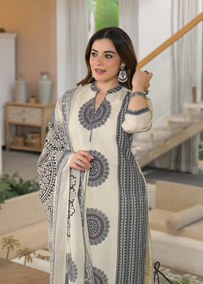 Ivory Mandala Panel Pure Cotton Suit Set with Dupatta