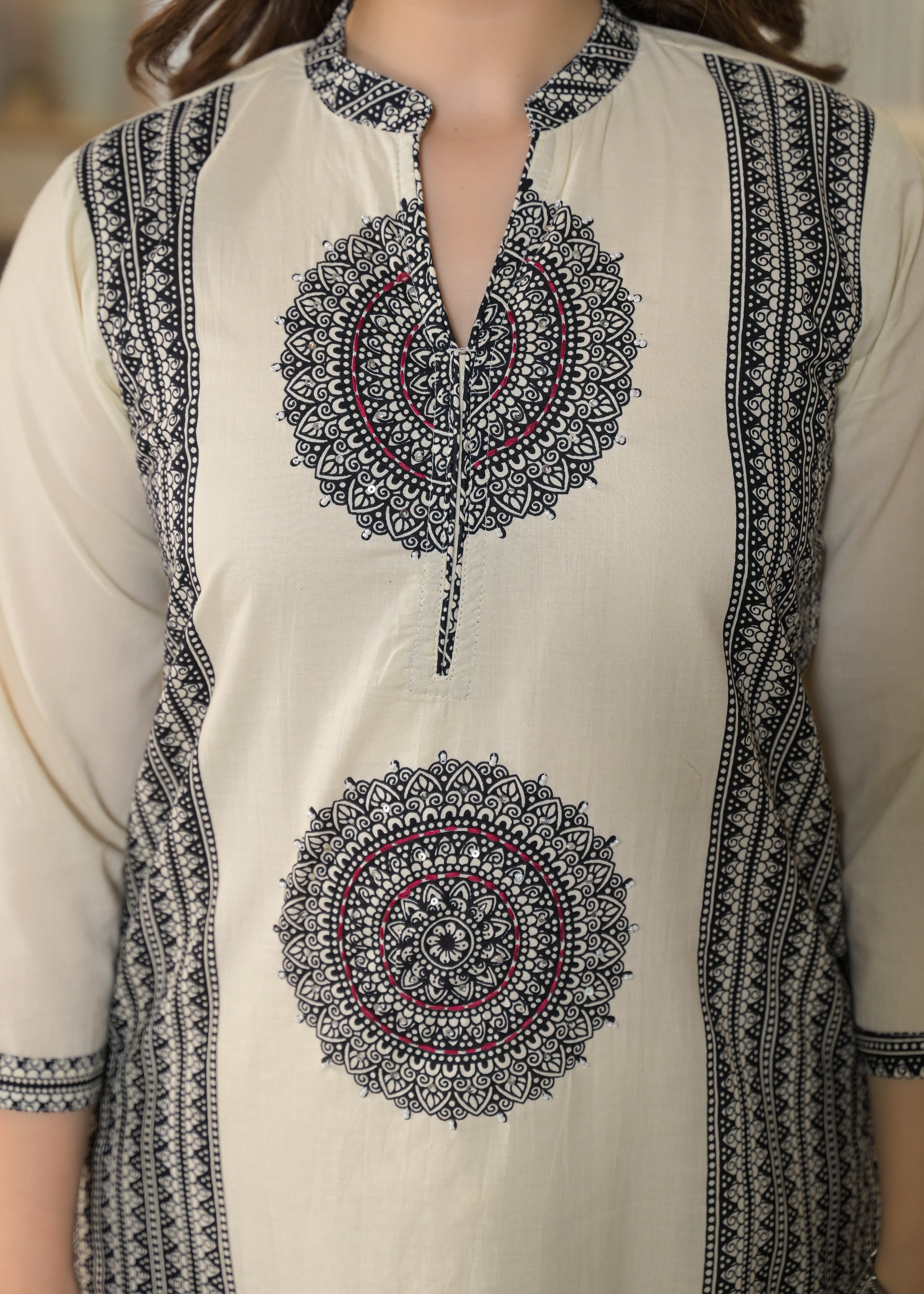 Ivory Mandala Panel Pure Cotton Suit Set with Dupatta