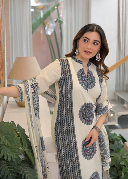 Ivory Mandala Panel Pure Cotton Suit Set with Dupatta