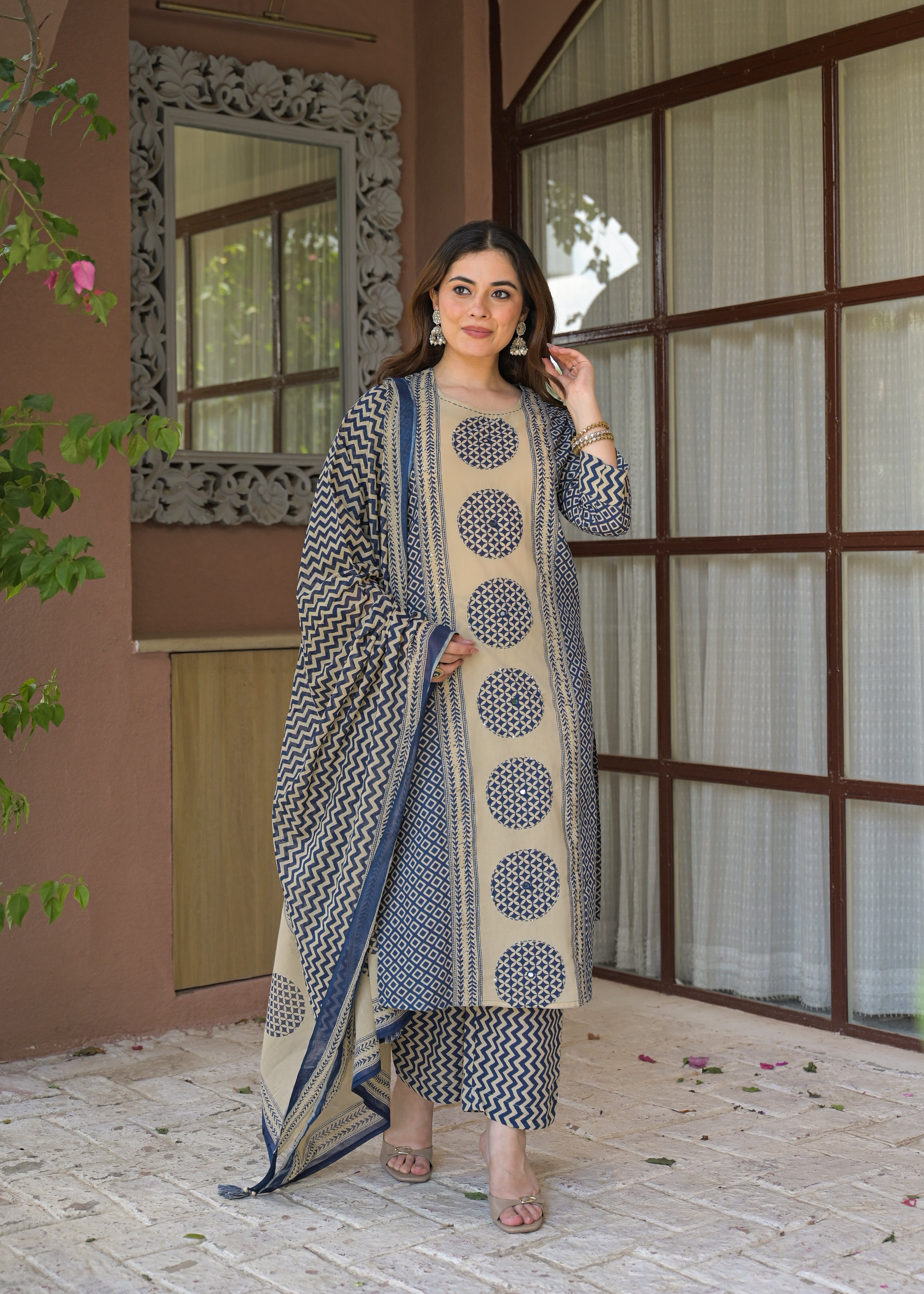 Indigo Charm Printed Cotton Suit Set with Dupatta