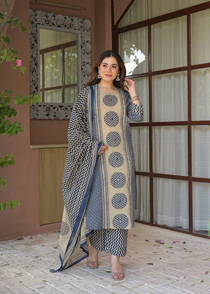 Indigo Charm Printed Cotton Suit Set with Dupatta