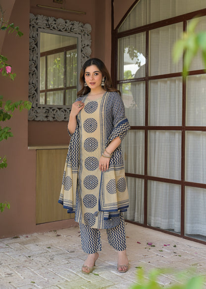 Indigo Charm Printed Cotton Suit Set with Dupatta