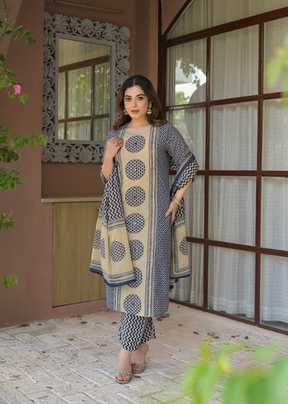 Indigo Charm Printed Cotton Suit Set with Dupatta