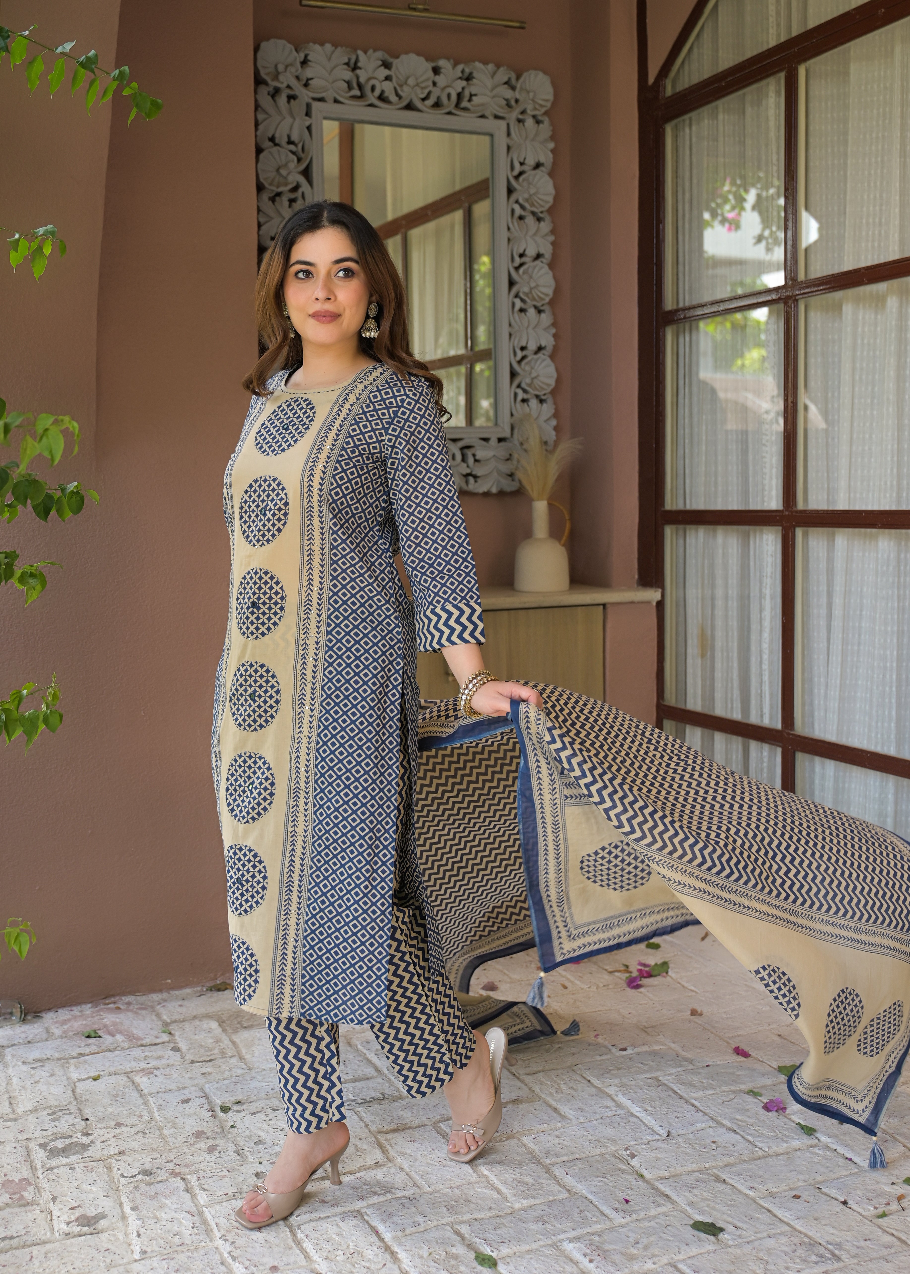 Indigo Charm Printed Cotton Suit Set with Dupatta