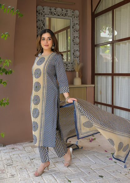 Indigo Charm Printed Cotton Suit Set with Dupatta