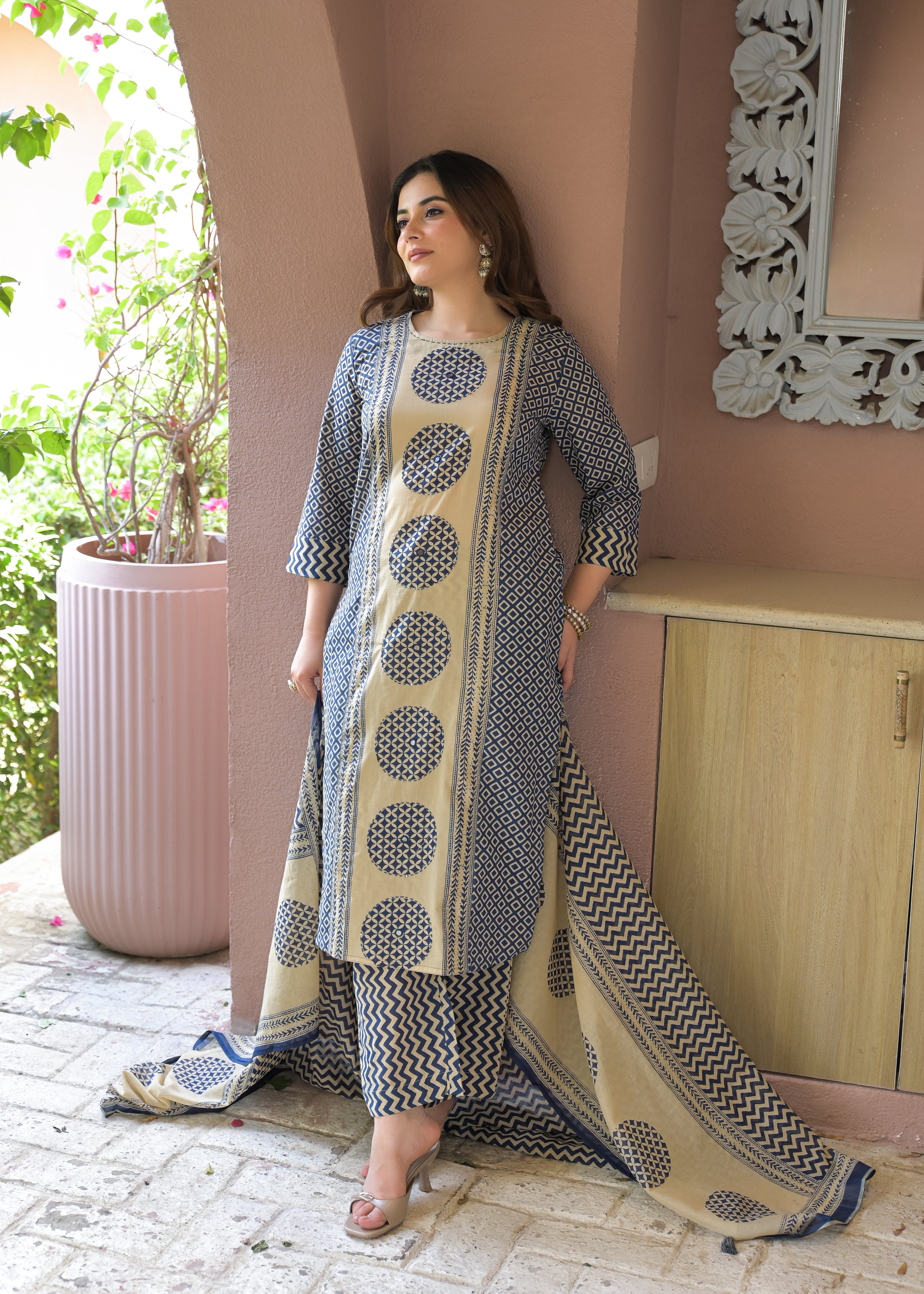 Indigo Charm Printed Cotton Suit Set with Dupatta