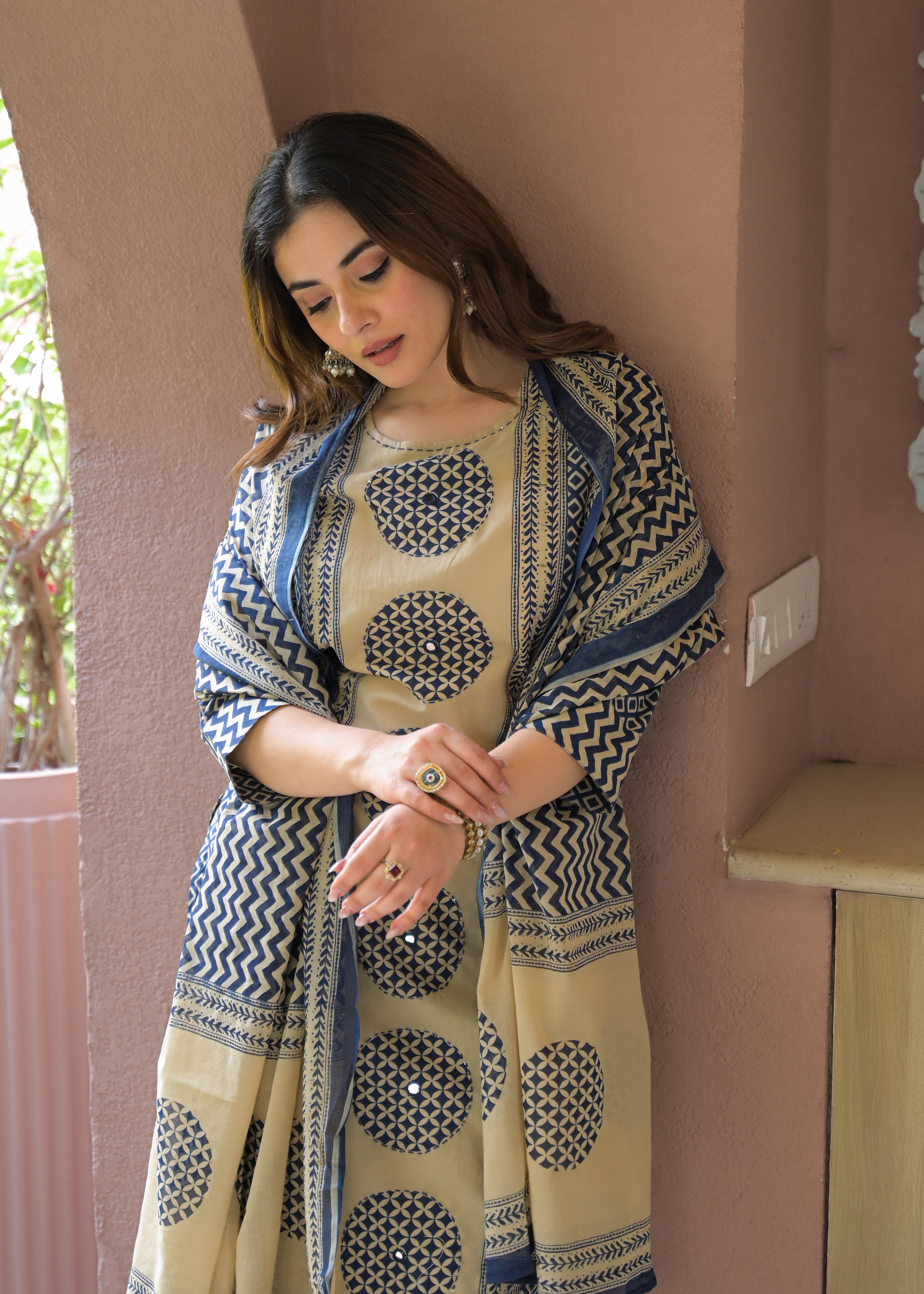 Indigo Charm Printed Cotton Suit Set with Dupatta