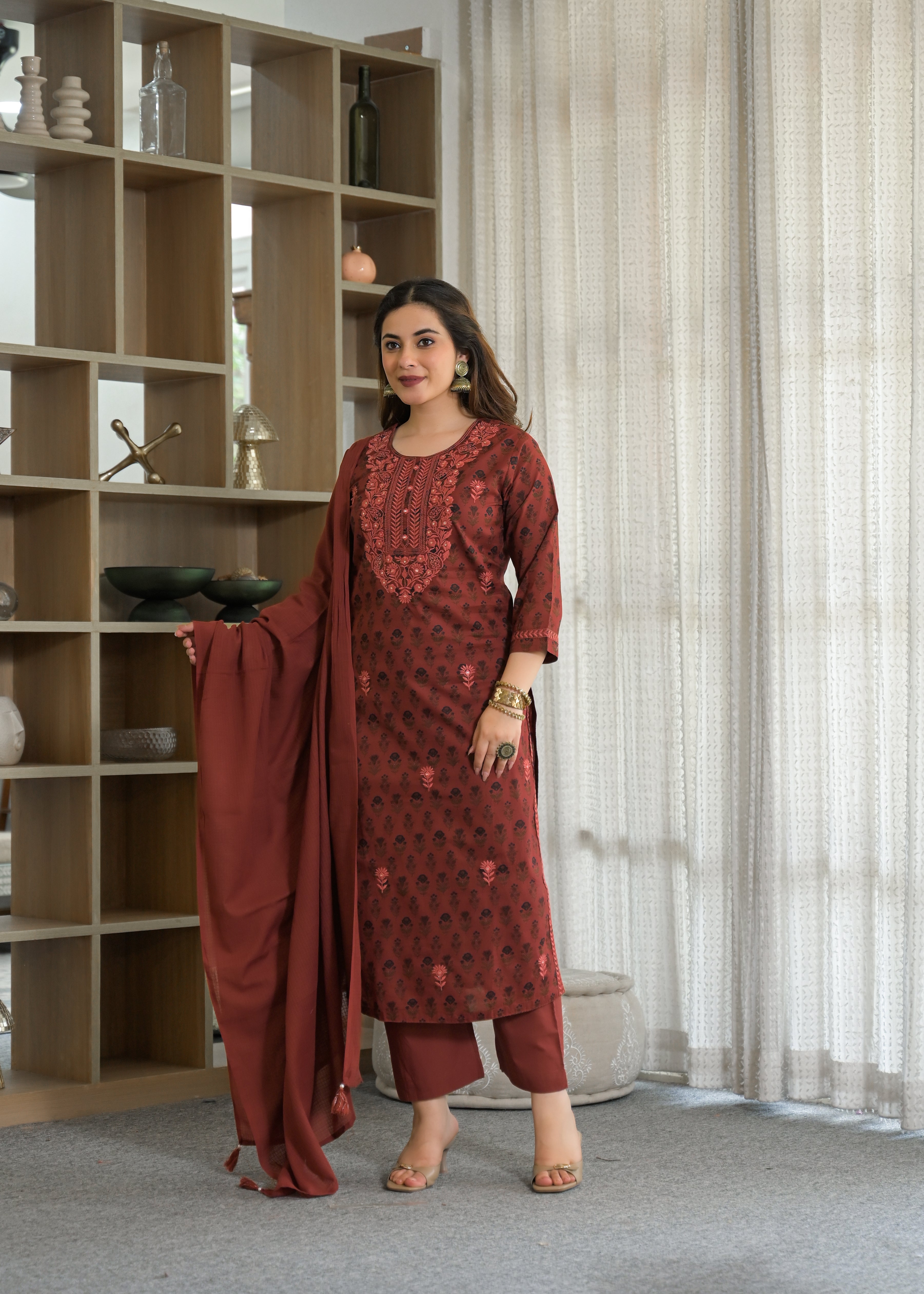 Premium Embroidered Cotton Suit Set with Printed Dupatta