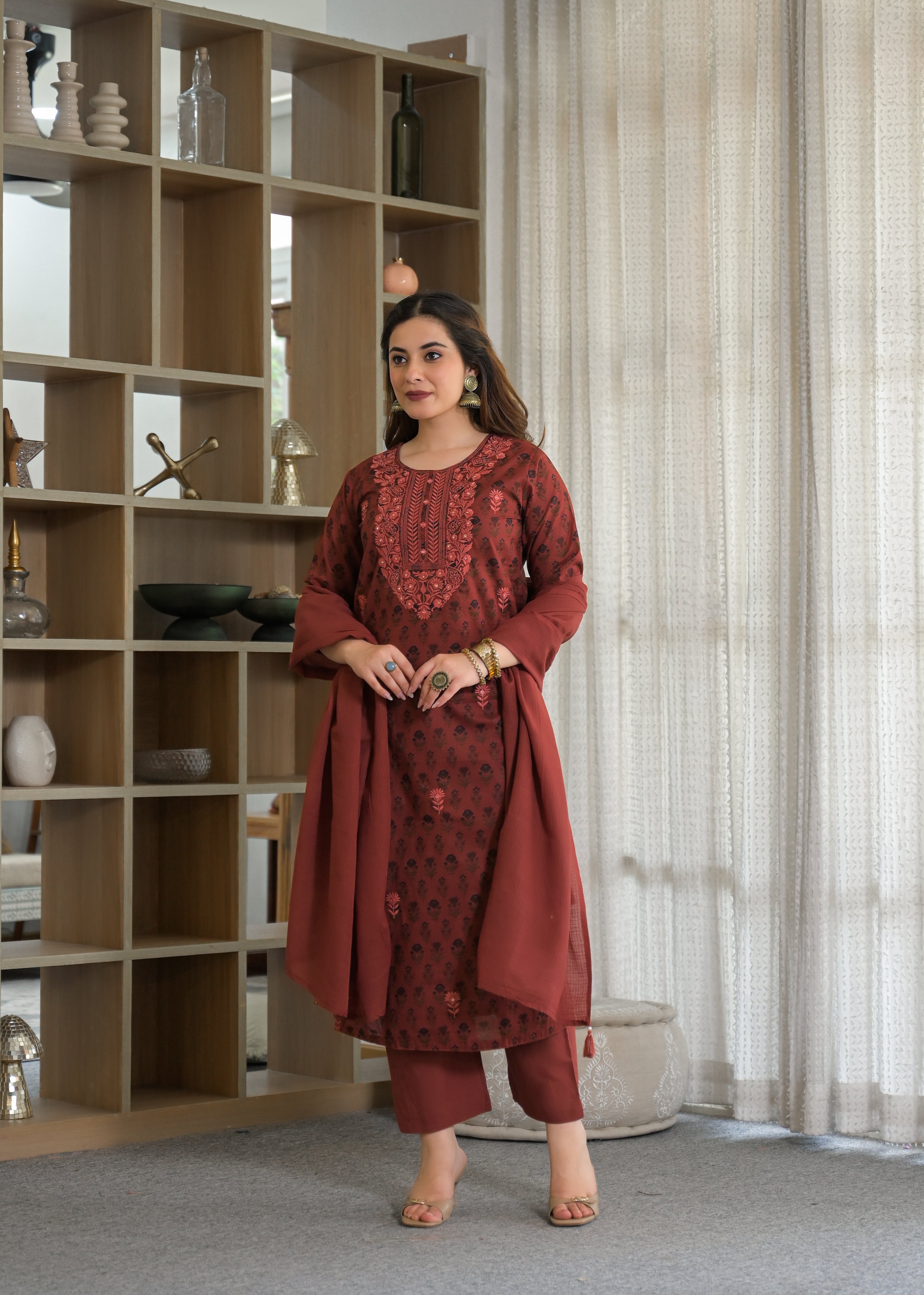 Premium Embroidered Cotton Suit Set with Printed Dupatta
