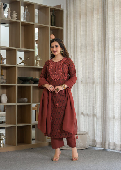 Premium Embroidered Cotton Suit Set with Printed Dupatta