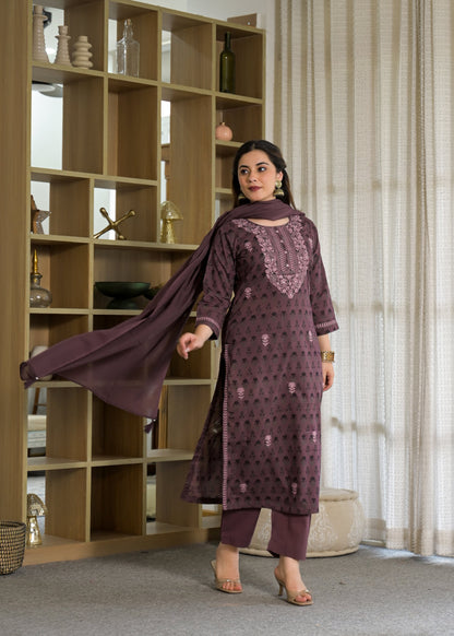 Premium Embroidered Cotton Suit Set with Printed Dupatta