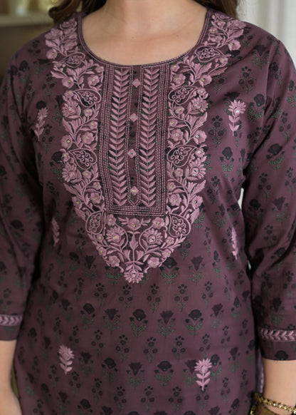 Premium Embroidered Cotton Suit Set with Printed Dupatta