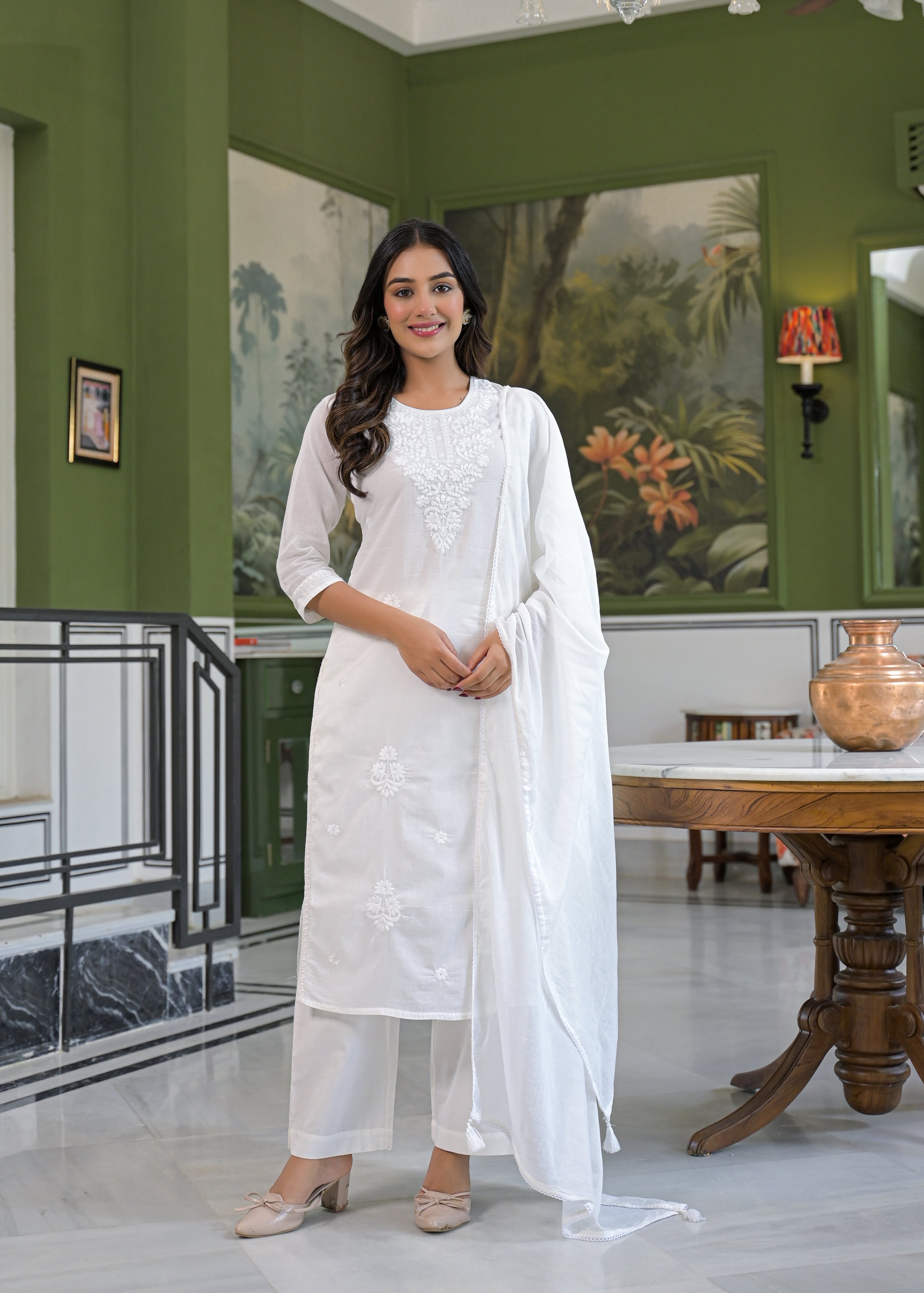 Ivory Lucknowi Embroidered Mulmul Cotton Kurta Pant Dupatta Set-test