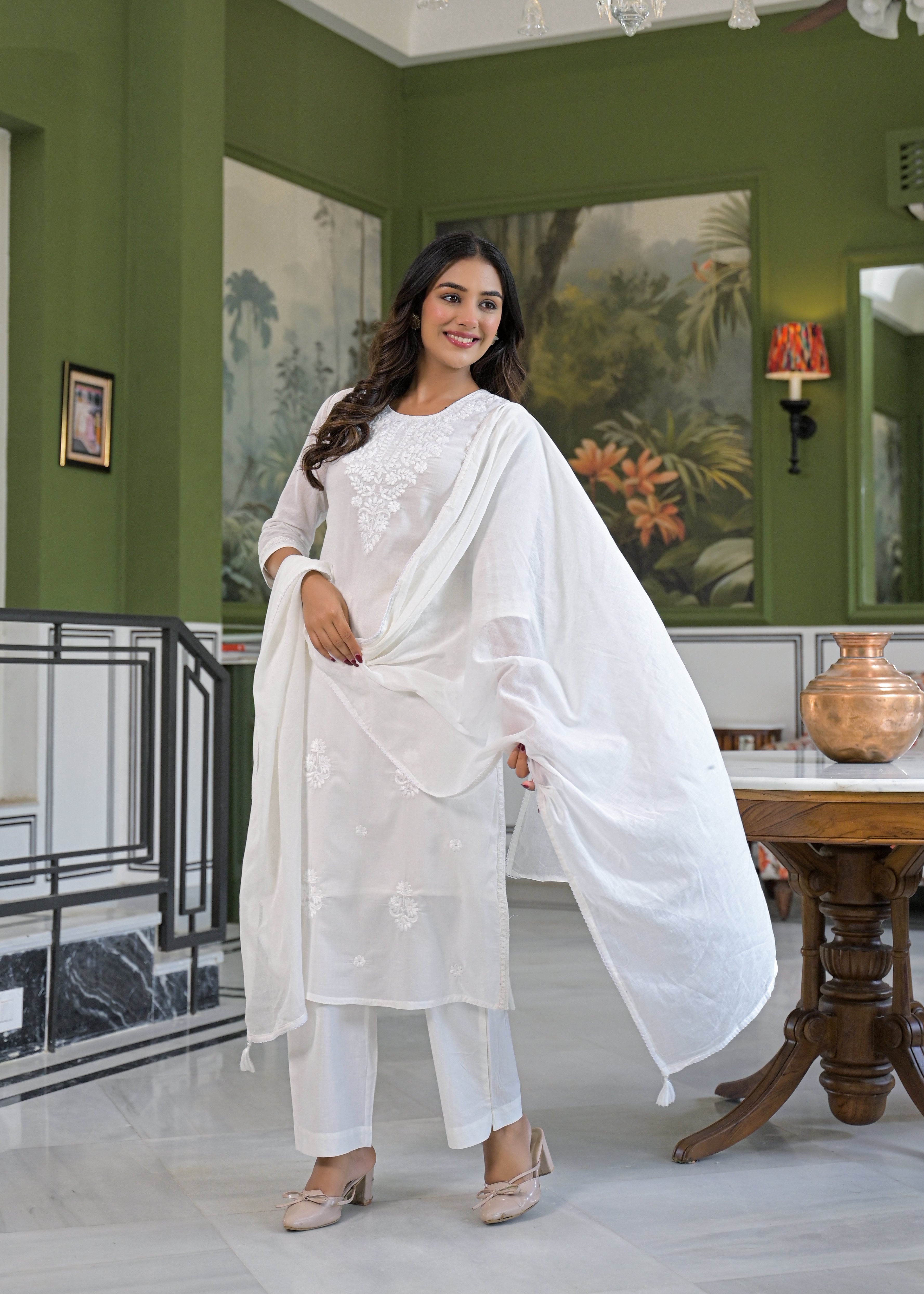 Ivory Lucknowi Embroidered Mulmul Cotton Kurta Pant Dupatta Set-test