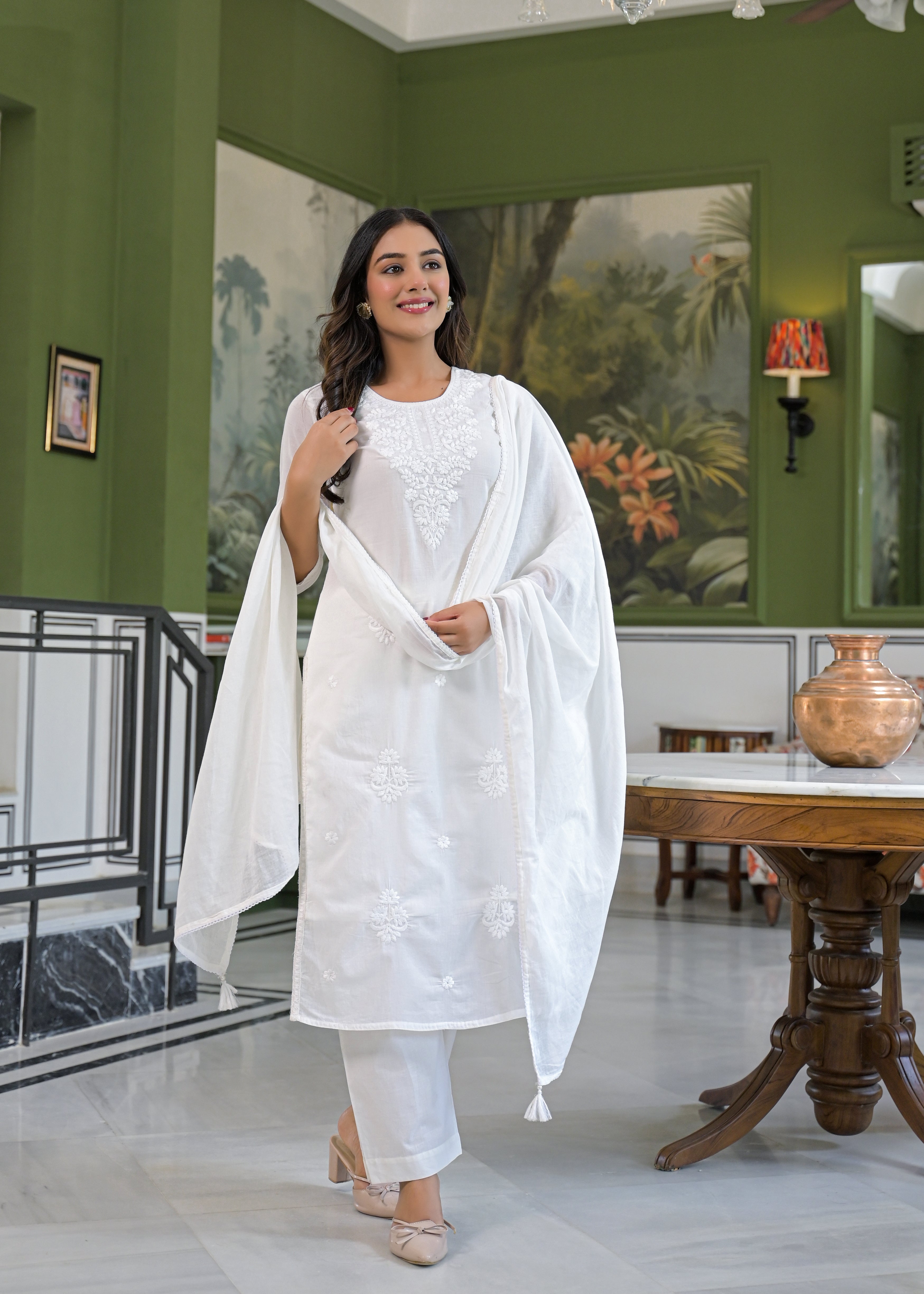 Ivory Lucknowi Embroidered Mulmul Cotton Kurta Pant Dupatta Set-test