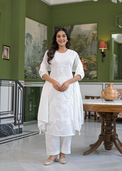 Ivory Lucknowi Embroidered Mulmul Cotton Kurta Pant Dupatta Set-test