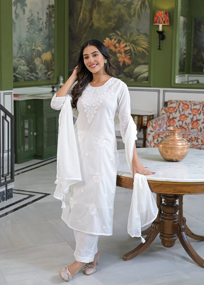 Ivory Lucknowi Embroidered Mulmul Cotton Kurta Pant Dupatta Set-test