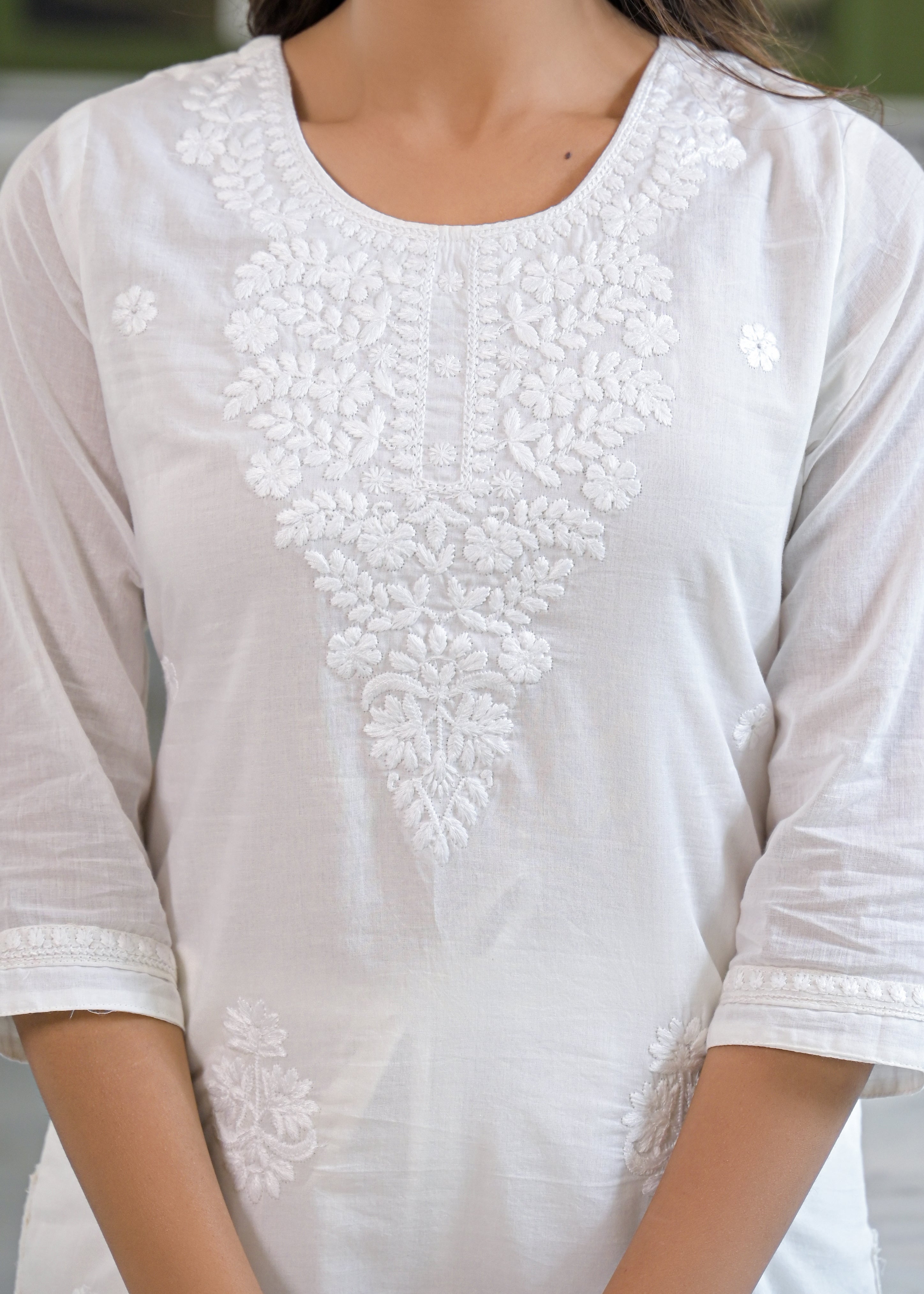 Ivory Lucknowi Embroidered Mulmul Cotton Kurta Pant Dupatta Set-test