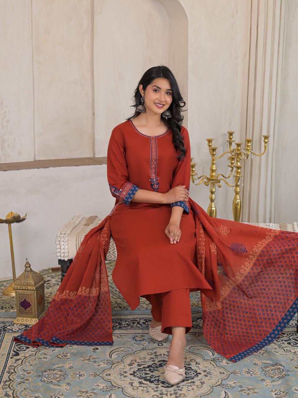 Noor Cotton Straight Suit Set with Printed Dupatta