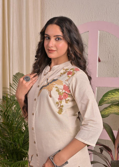 Ivory Crane Cotton Flex Straight Kurta Pant Set