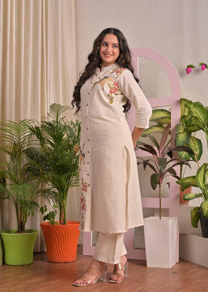 Ivory Crane Cotton Flex Straight Kurta Pant Set