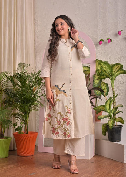Ivory Crane Cotton Flex Straight Kurta Pant Set