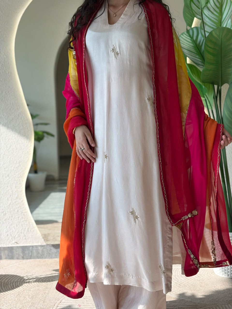 Ivory Kurta with Multicolour Dupatta