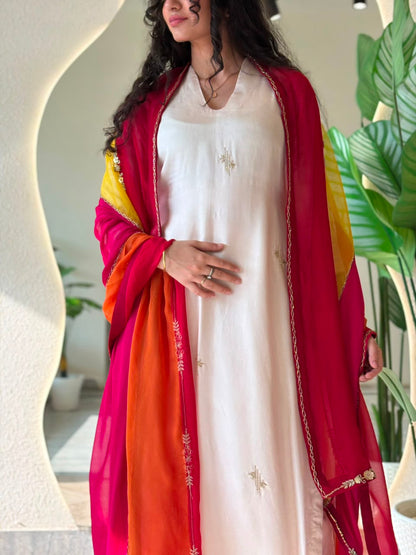 Ivory Kurta with Multicolour Dupatta