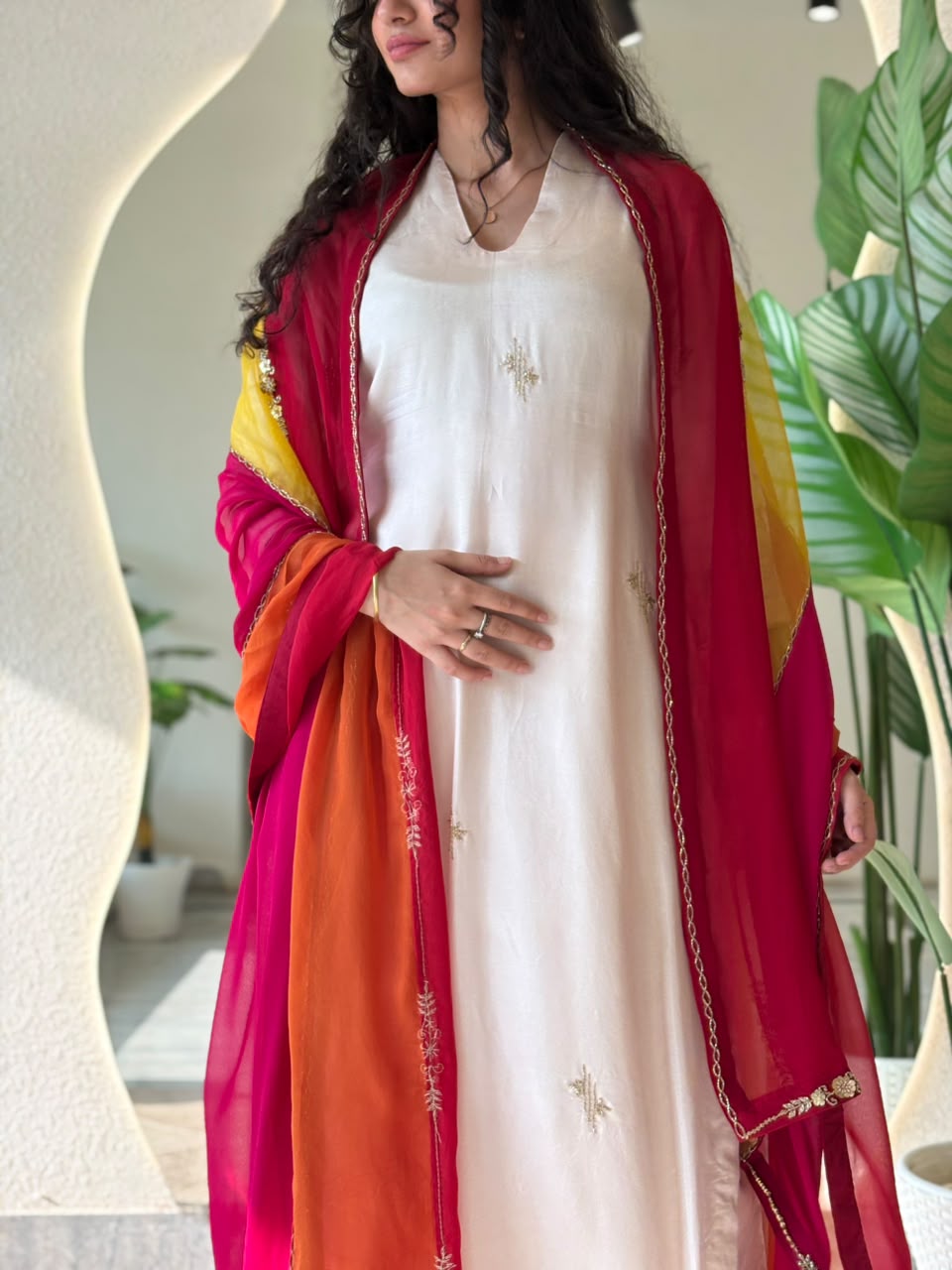 Ivory Kurta with Multicolour Dupatta