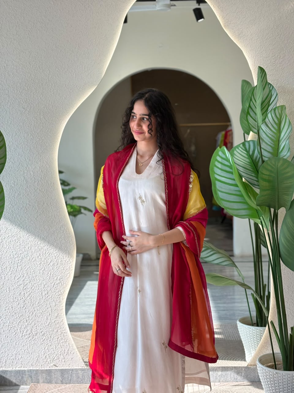 Ivory Kurta with Multicolour Dupatta