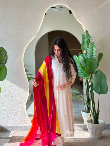 Ivory Kurta with Multicolour Dupatta
