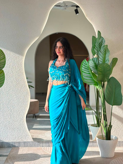 Teal Embellished Drape Set
