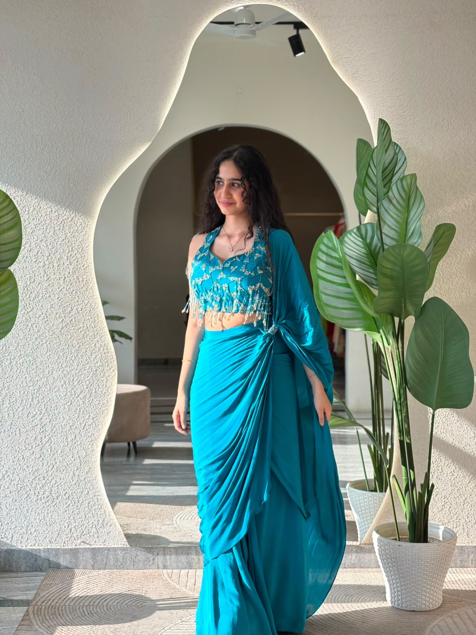 Teal Embellished Drape Set
