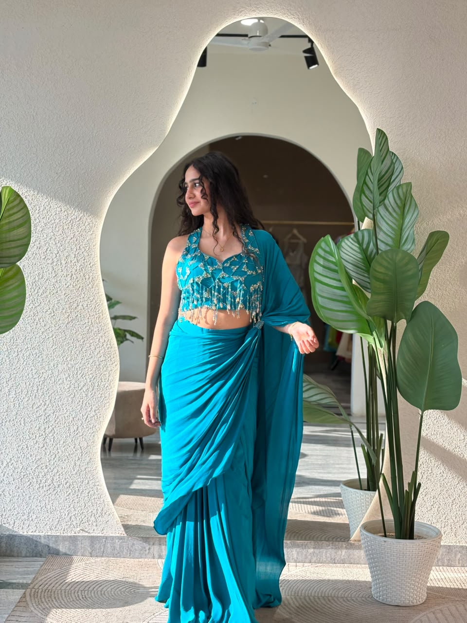 Teal Embellished Drape Set
