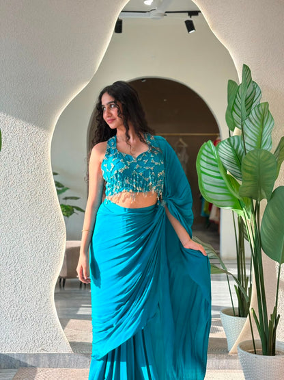 Teal Embellished Drape Set