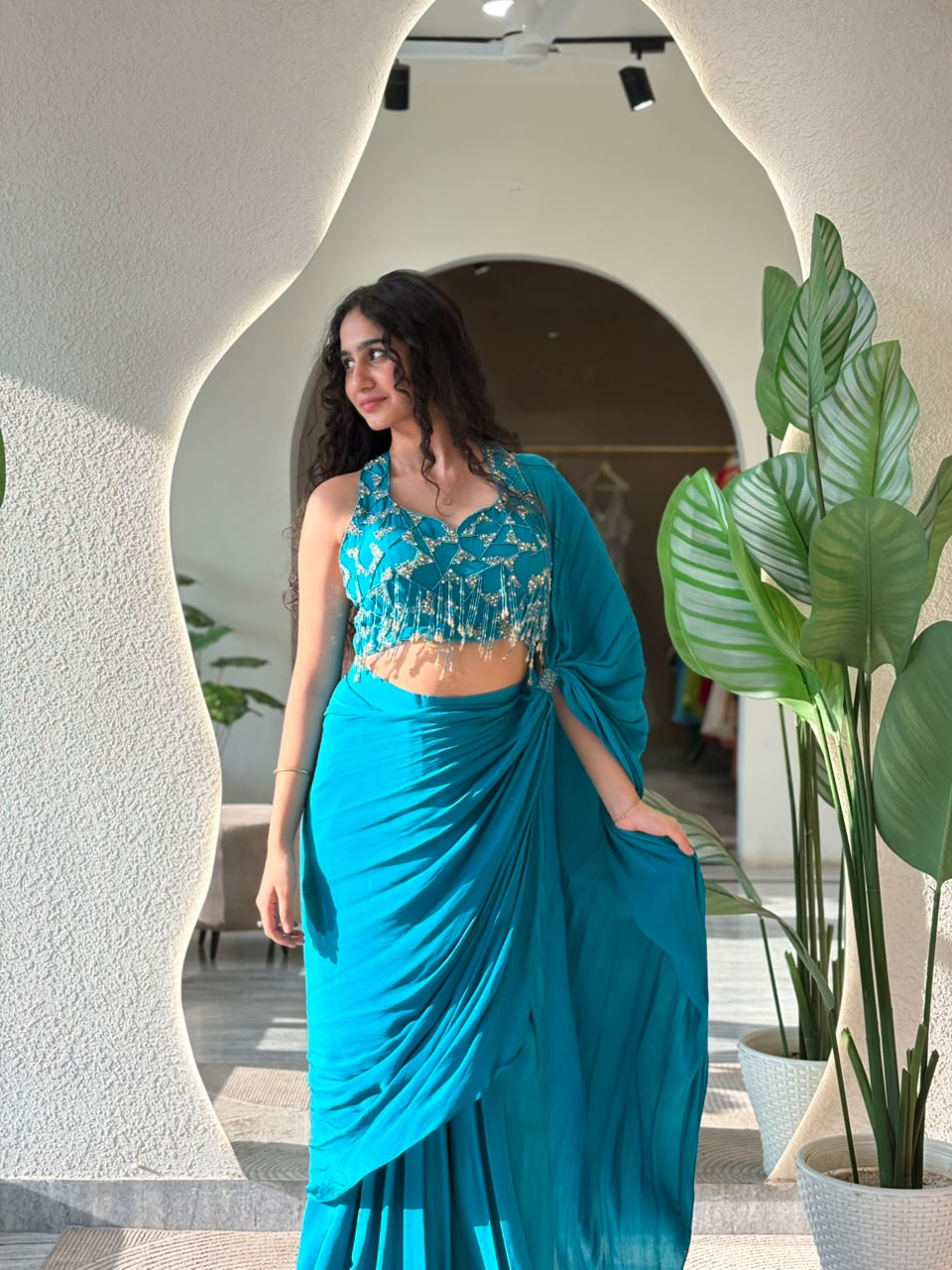 Teal Embellished Drape Set